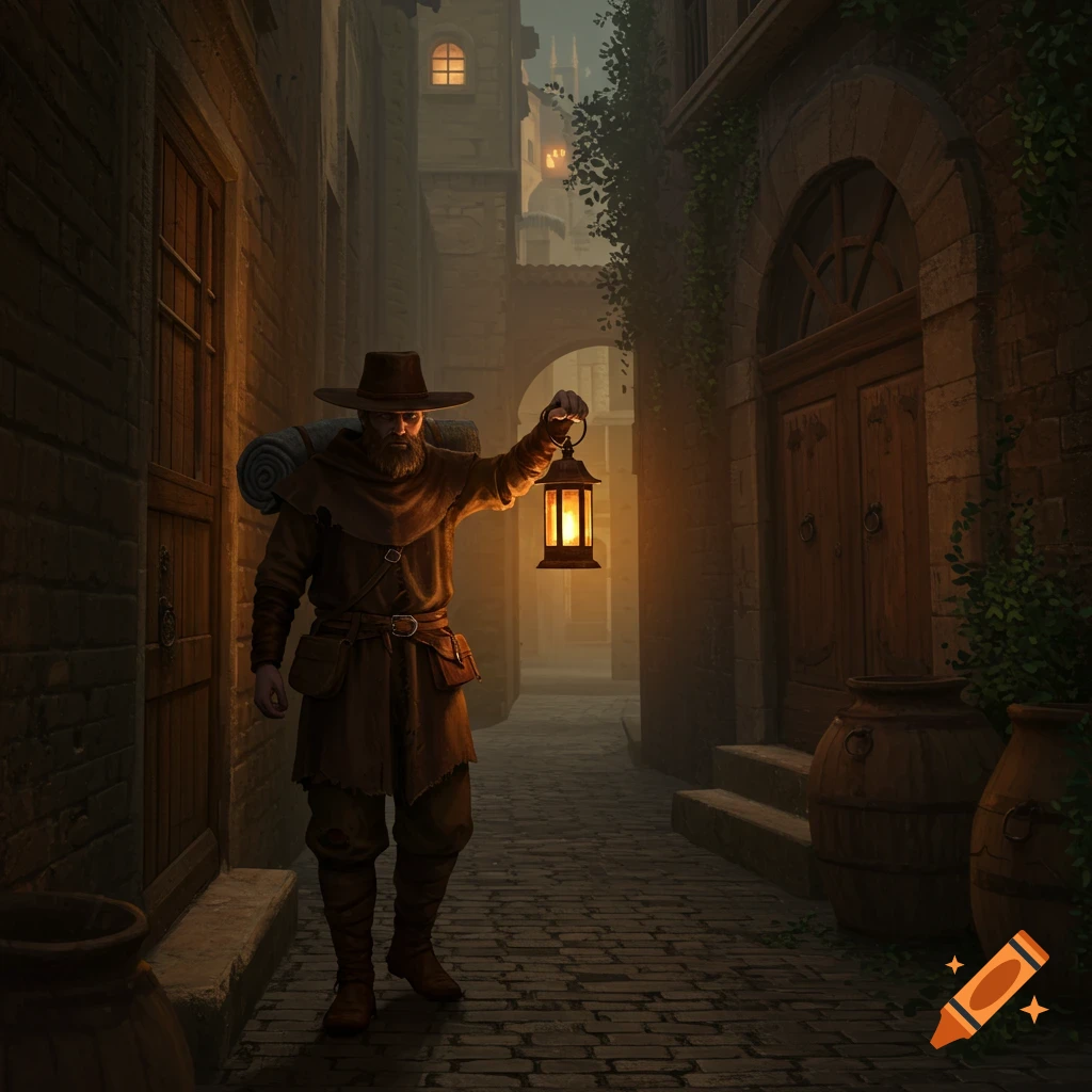 A bearded medieval traveler in a hat and cloak carries a lit lantern through a dark, narrow cobblestone alley flanked by old stone buildings.