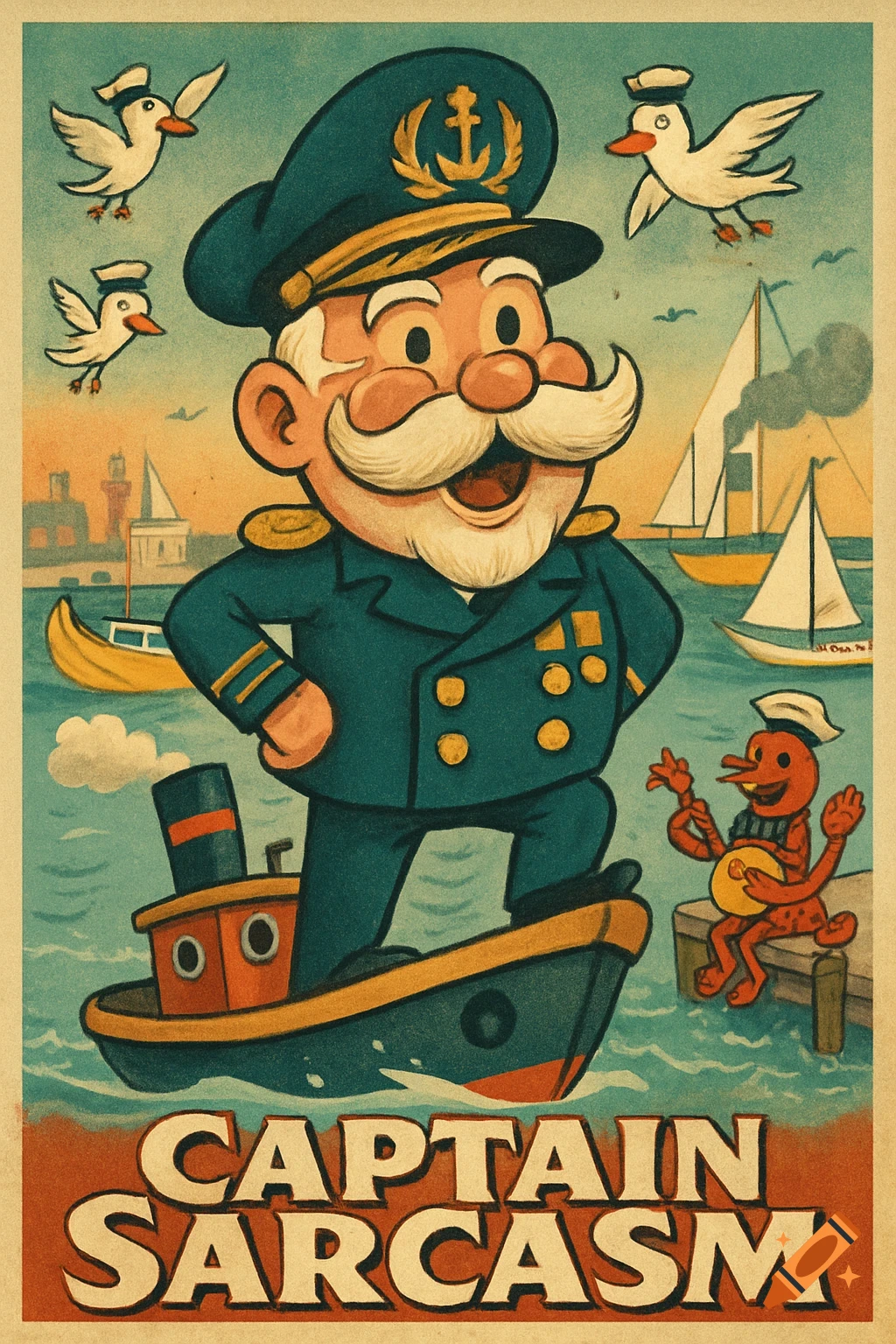 Vintage cartoon poster of a happy old sea captain on a toy tugboat with birds in sailor hats, a banjo-playing lobster, and the text "Captain Sarcasm".