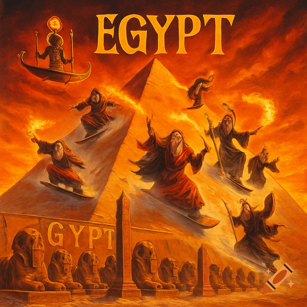 Epic metal album cover: Wizards snowboard down a large pyramid with fireballs and staffs. Sphinxes, obelisks, and the god Ra in a boat. Orange sky. Text: EGYPT.