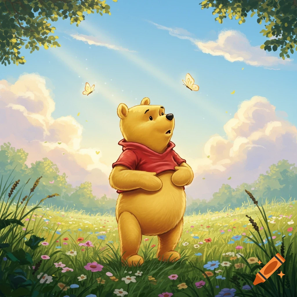 Illustrated Winnie the Pooh in a field of wildflowers, looking up at the blue sky with clouds and butterflies.