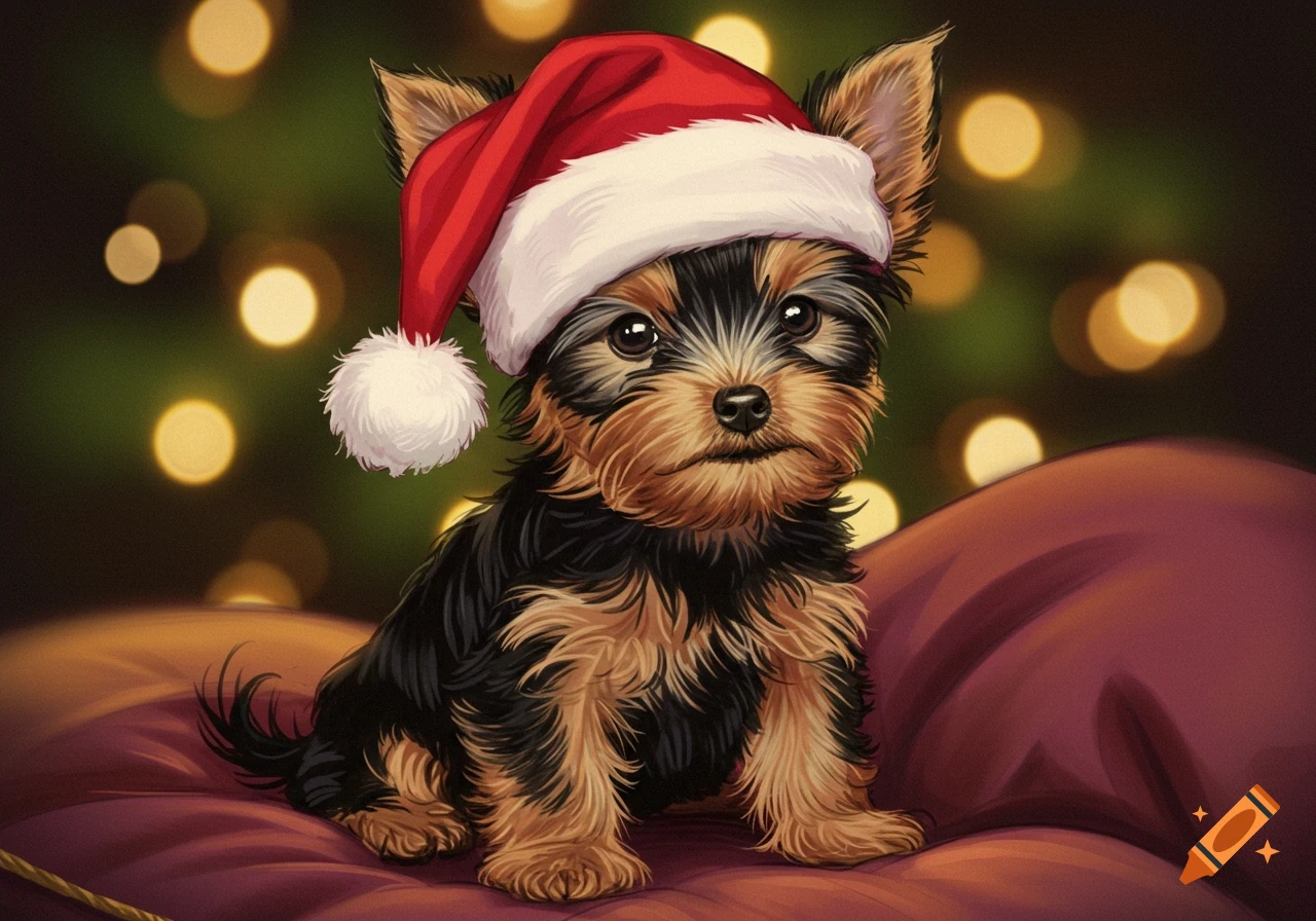 A black and tan Yorkie puppy with a red Santa hat sits on a cushion, with blurred Christmas lights in the background.
