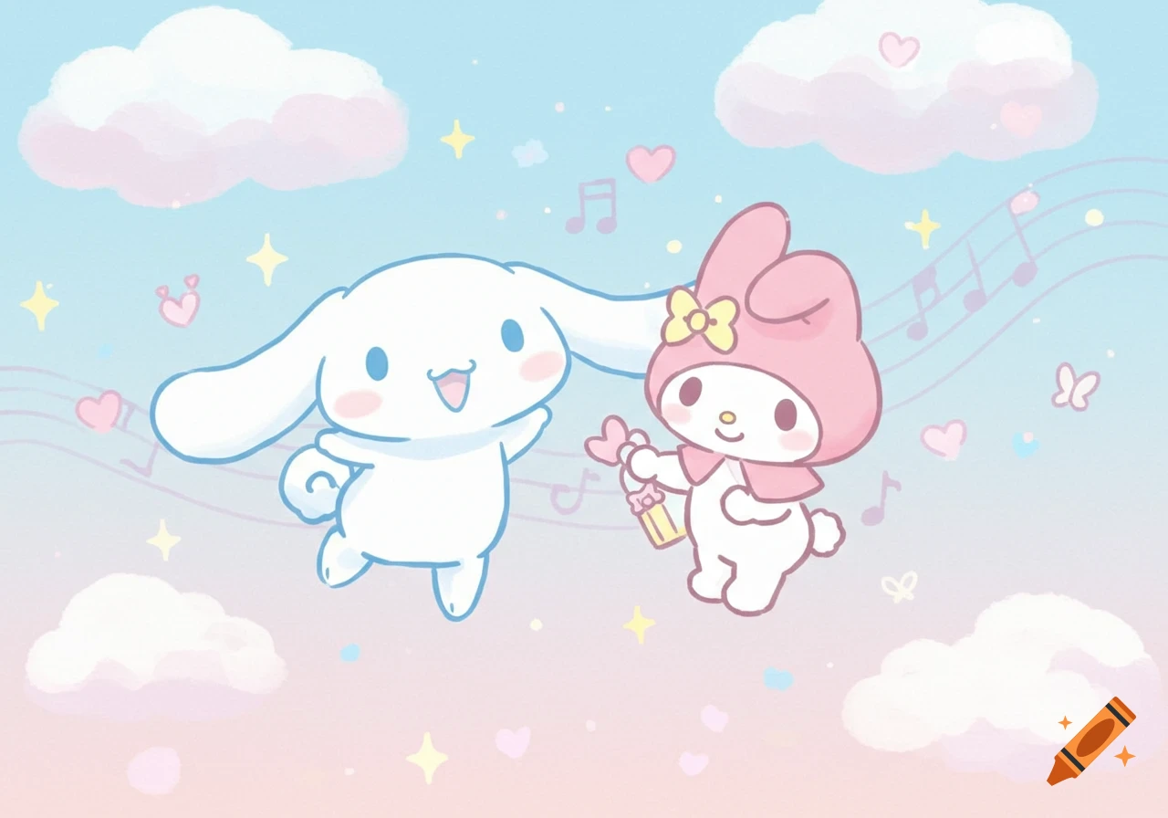 Cinnamoroll and My Melody float among pastel clouds, stars, and musical notes in a dreamy kawaii cartoon style.