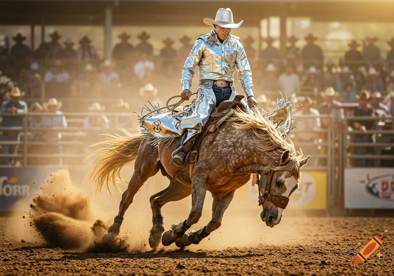 A cowboy in a shiny silver shirt rides a bucking horse in a dusty rodeo arena with spectators. Photorealistic.