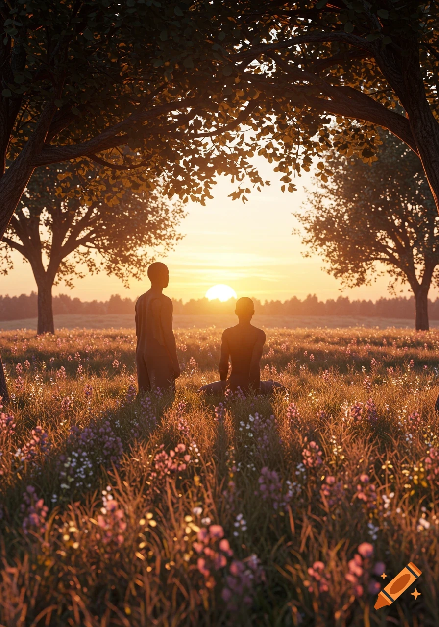 Two silhouetted figures in a wildflower field at sunset, framed by trees.