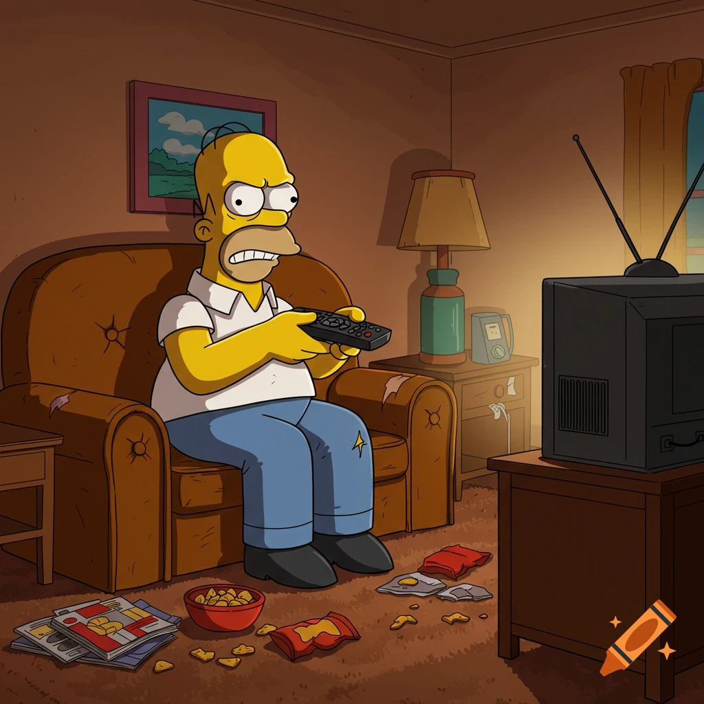 Cartoon Homer Simpson sits on a messy living room couch, angrily holding a TV remote with snacks scattered around.