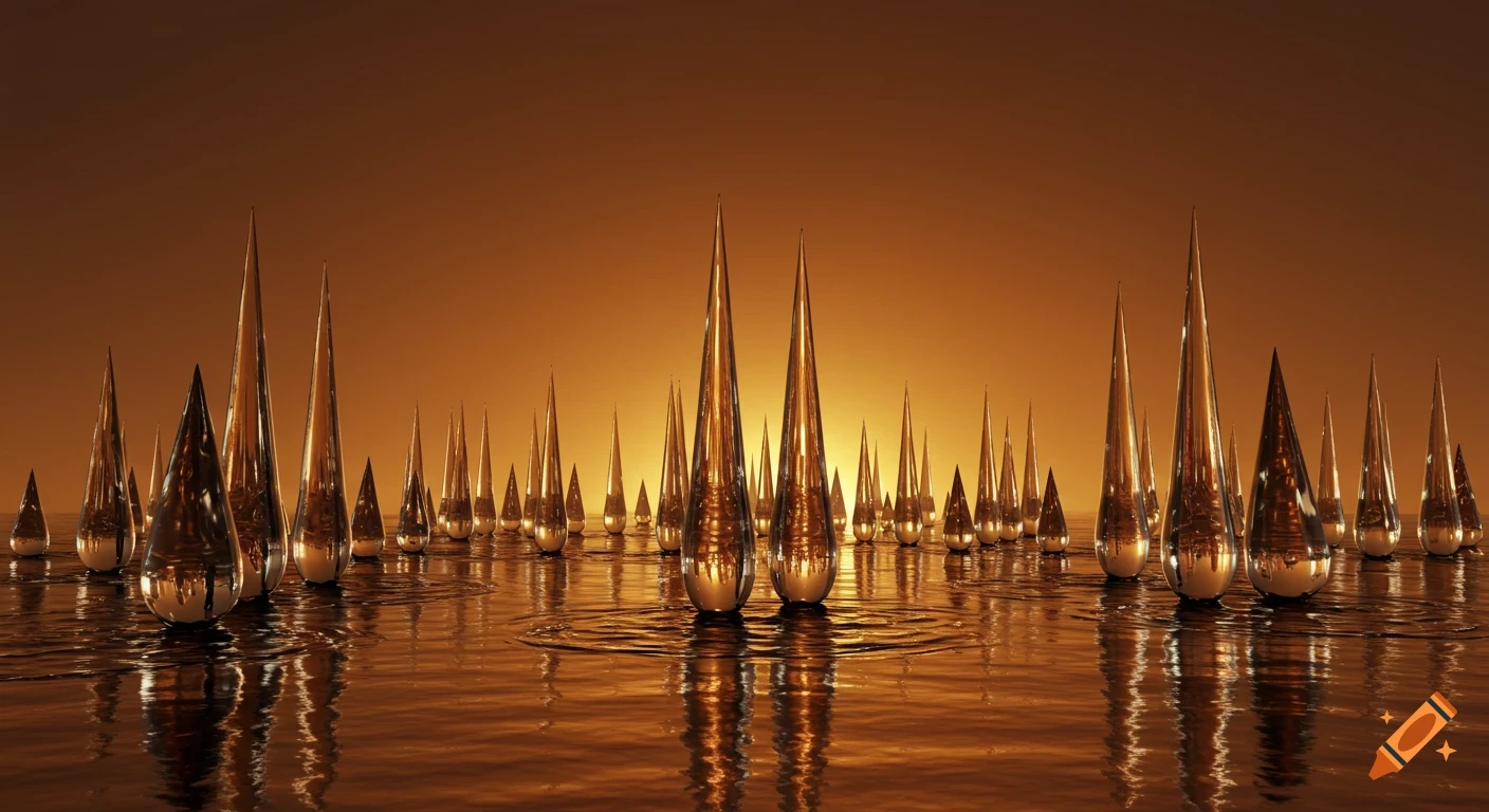 Shiny, pointed, golden, teardrop-shaped sculptures emerge from a wavy, reflective, liquid surface on an alien planet under a warm copper-brown sky.