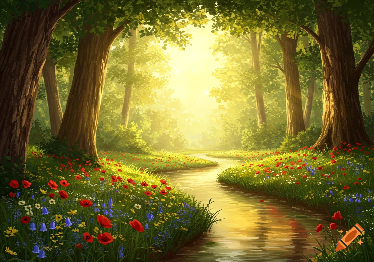 An illustration of a sunlit forest with a winding stream flowing through lush green trees and colorful wildflowers on its banks.