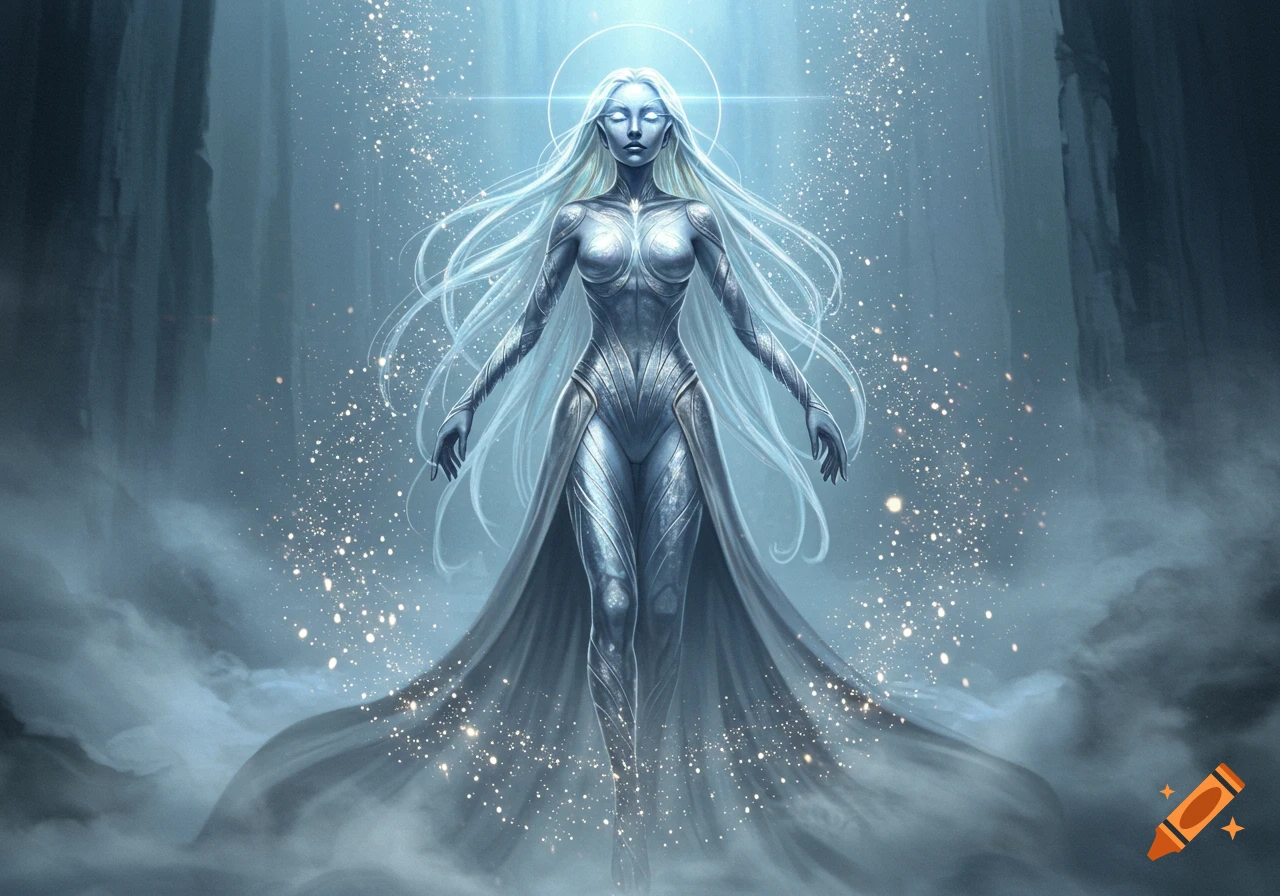 An ethereal silver-skinned female figure with long flowing white hair, surrounded by glowing particles, stands in a misty, blue-toned environment.