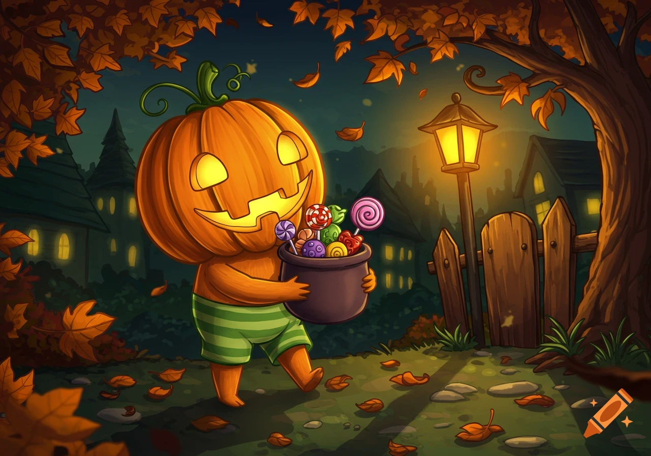 Cute cartoon pumpkin creature in green shorts carrying a pot of Halloween treats, walking through a leaf-strewn yard at night.