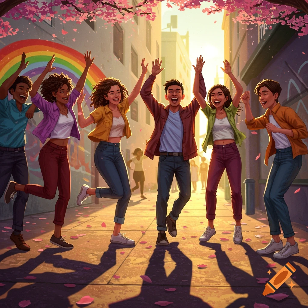 A diverse group of young adults joyfully jump on a sunny city street, hands in the air, with cherry blossoms and a rainbow.