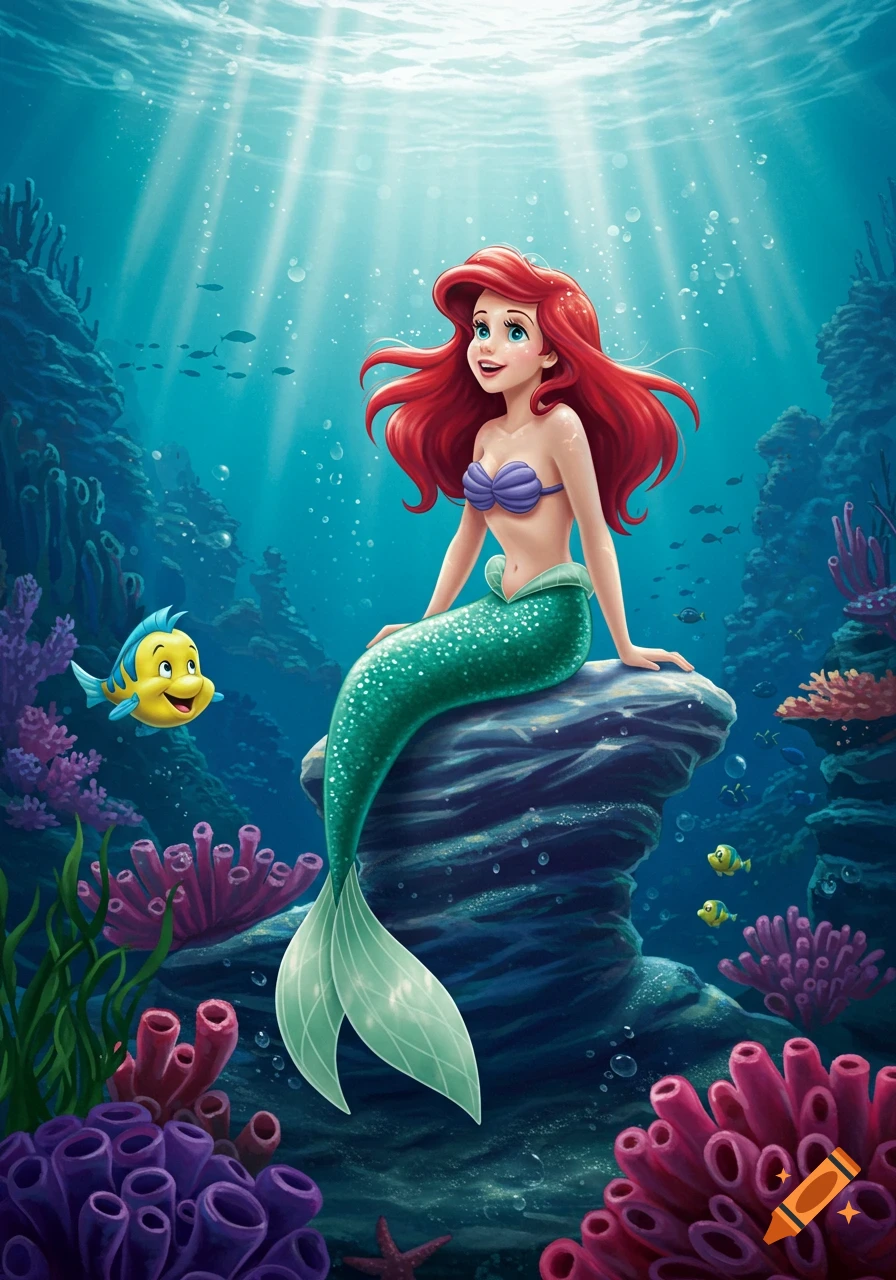 A cartoon illustration of Ariel the red-haired mermaid sitting on a rock underwater with Flounder beside her, surrounded by coral.
