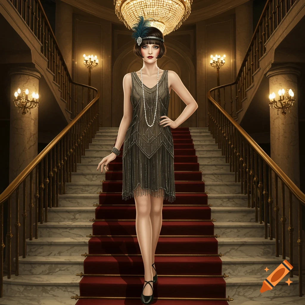 Elegant woman in a black beaded flapper dress with a feathered headband and pearls, standing on a grand red-carpeted staircase.