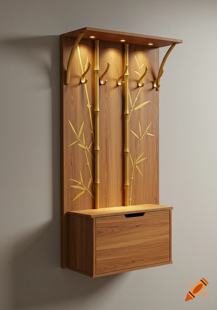 A modern wall-mounted wooden coat rack with golden bamboo detailing, several hooks, a top shelf, and a lower storage drawer.