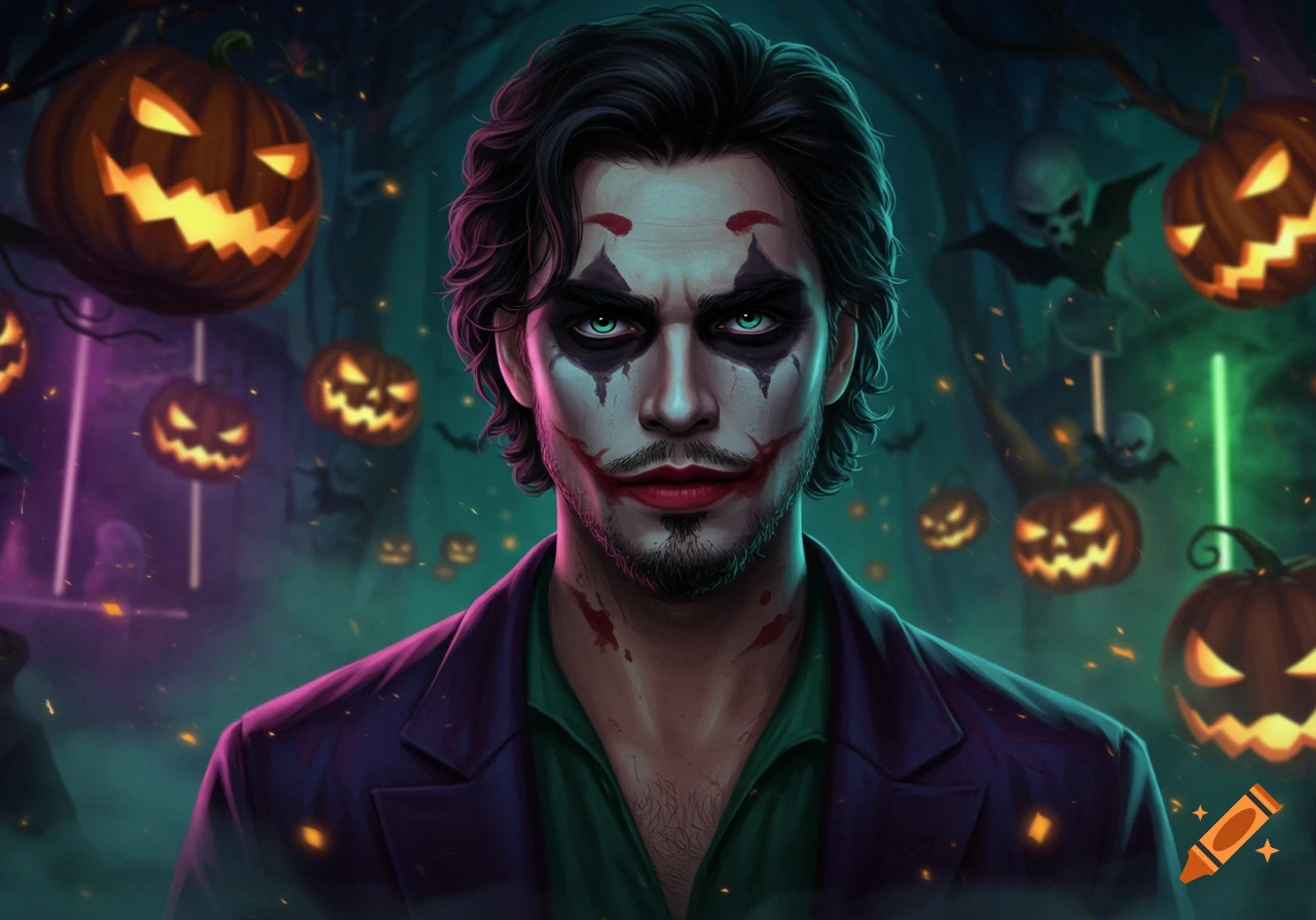A man with Joker-inspired makeup, dark hair, and a stubble beard, set against a dark, foggy Halloween background with glowing jack-o'-lanterns, skulls, and bats.