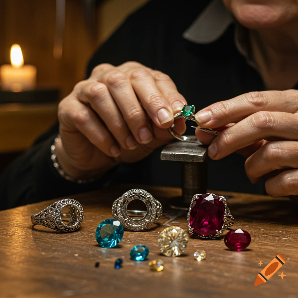 A jeweler's hands meticulously set an emerald stone into a silver ring, surrounded by various loose gemstones and intricate ring settings on a wooden workbench.