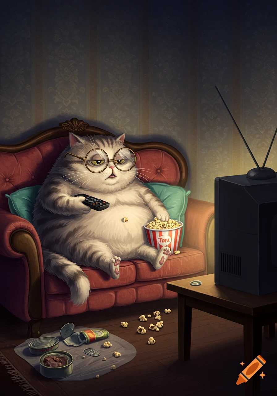 An overweight cartoon cat with glasses sits on a red sofa, holding a TV remote and a bucket of popcorn, looking bored at an old television. Spilled popcorn and empty tuna cans are on the floor.