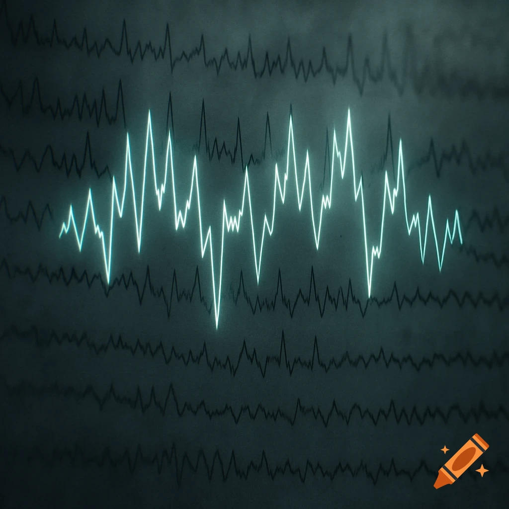 A close-up of glowing cyan brainwaves with sharp spikes against a dark background of subtle waveforms.