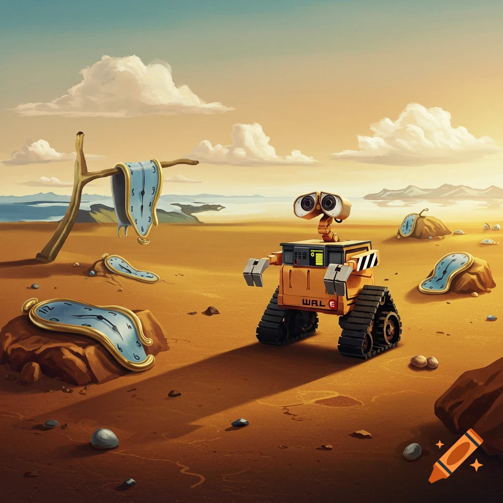 WALL-E stands in a surreal desert landscape with melting clocks scattered on the ground and draped over a branch.