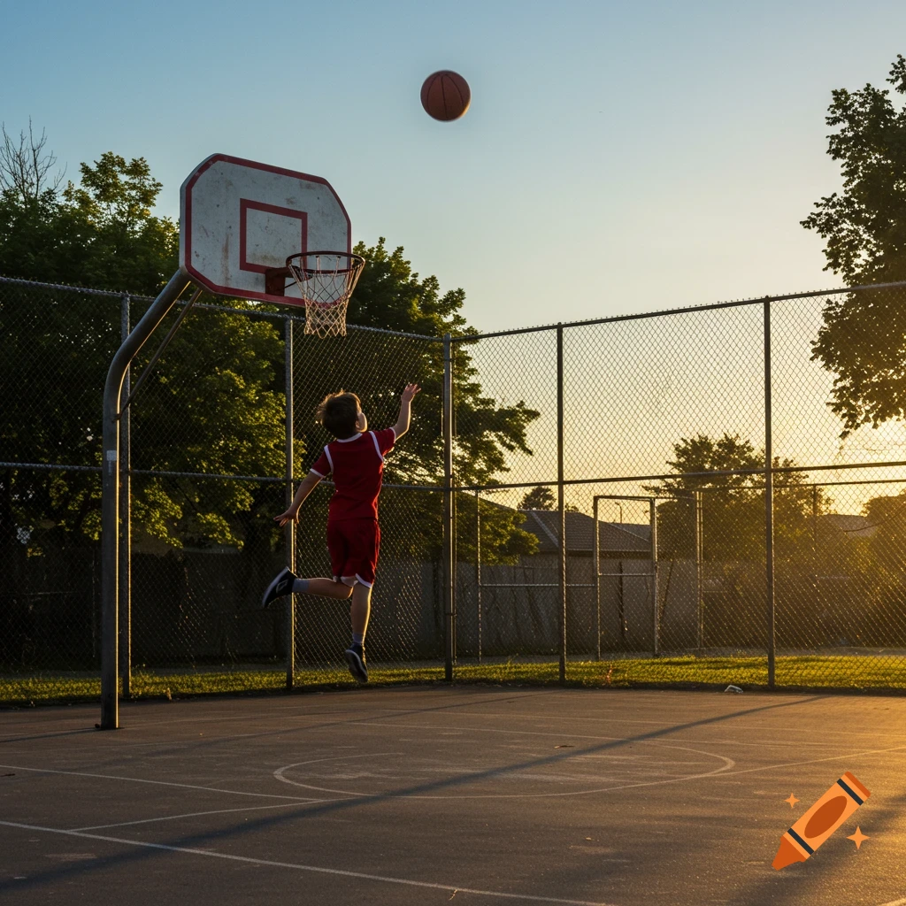 A boy in a red uniform leaps to throw a basketball at a hoop on an outdoor court at sunset.