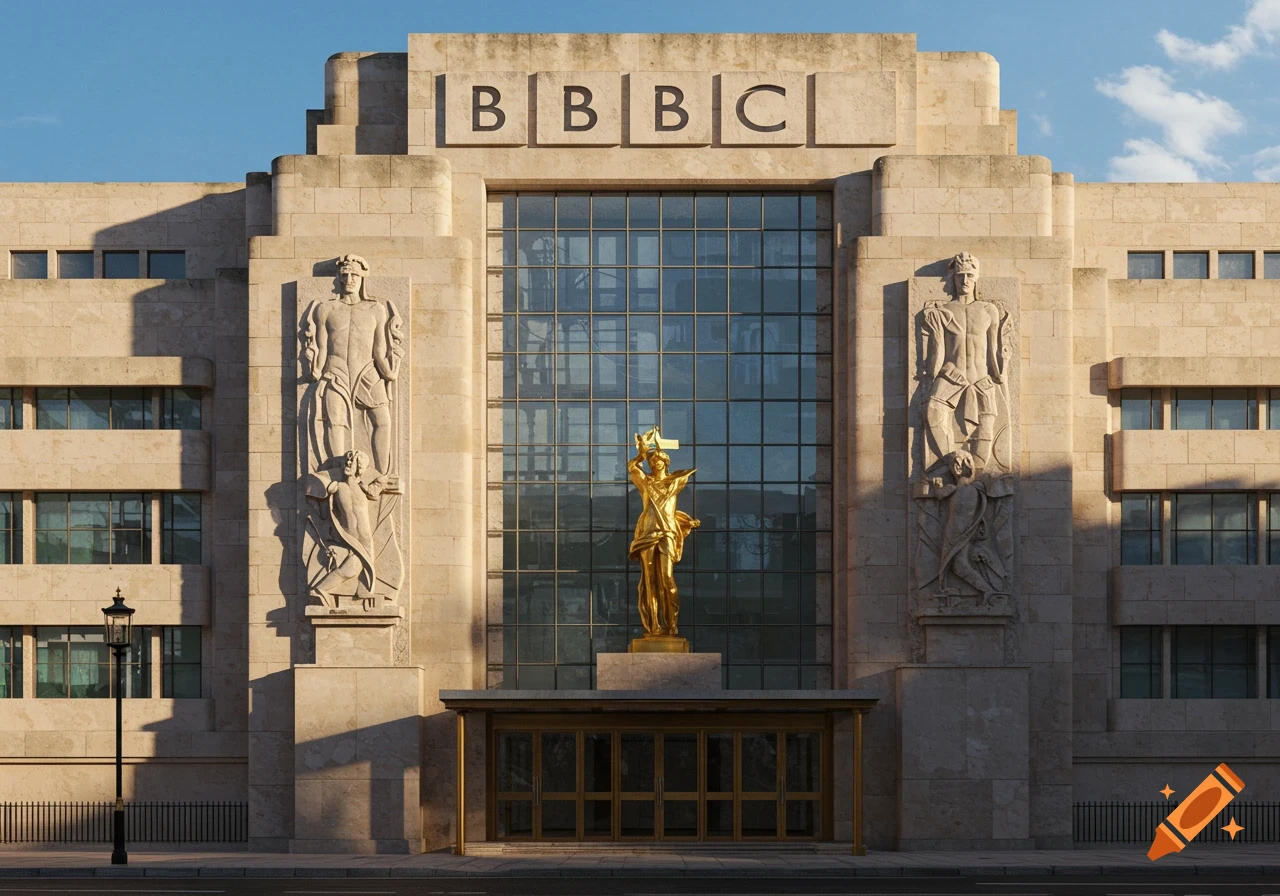 A grand Art Deco building with a 'BBBC' sign, relief sculptures, and a central golden statue under a clear sky.