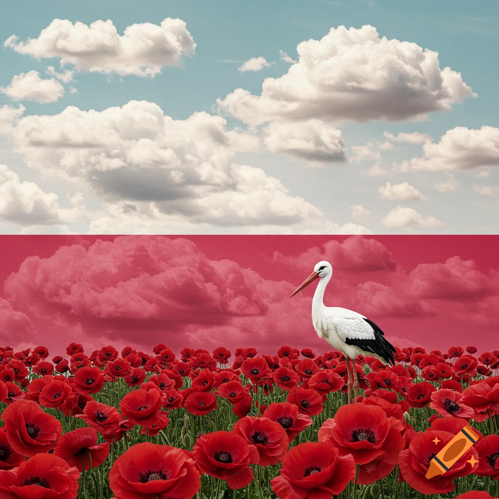 A white stork stands in a field of red poppies under a sky divided into blue with white clouds and red with red clouds, forming a parody of the Polish flag.