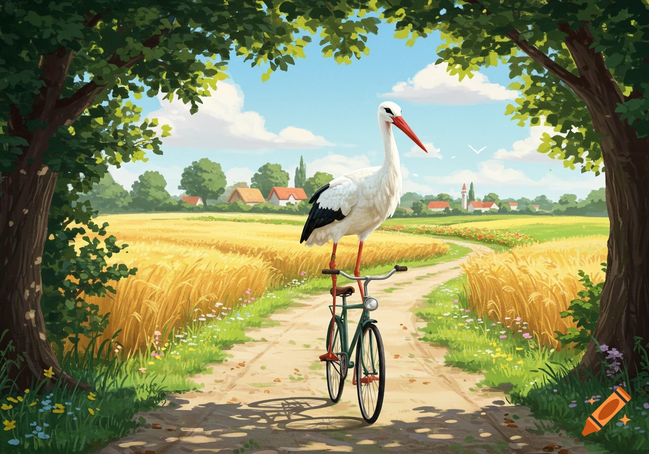 An illustrated stork balances on a bicycle on a dirt path through golden fields, framed by trees, with a distant village under a blue sky.