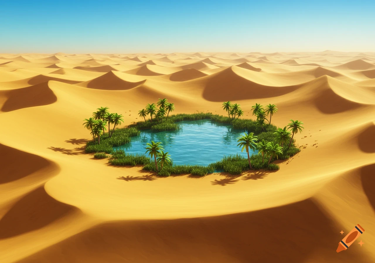 Aerial view of a vibrant blue oasis with palm trees and green grass surrounded by golden sand dunes under a clear blue sky.
