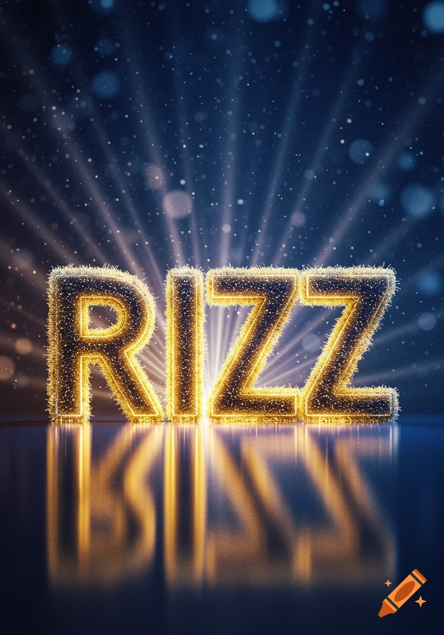 Golden glittery letters spelling 'RIZZ' illuminated by bright light rays, reflecting on a dark surface with sparkling particles.