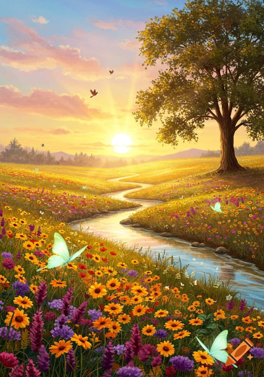A vibrant golden sunset illuminates a winding river flowing through a field of colorful wildflowers with butterflies and a large tree.