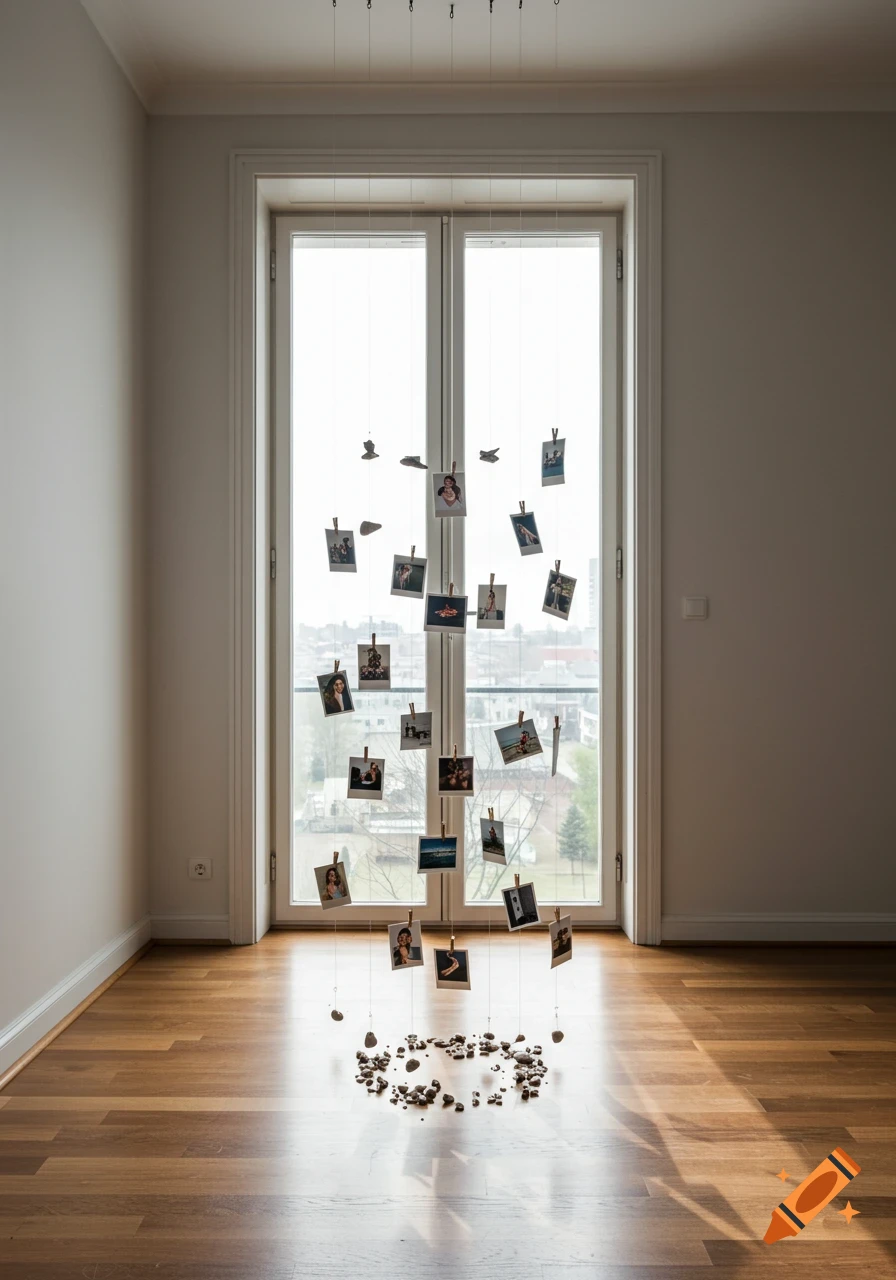 Photorealistic image of a minimalist room with framed photos hanging from strings, weighted by pebbles in a circle on a wooden floor.