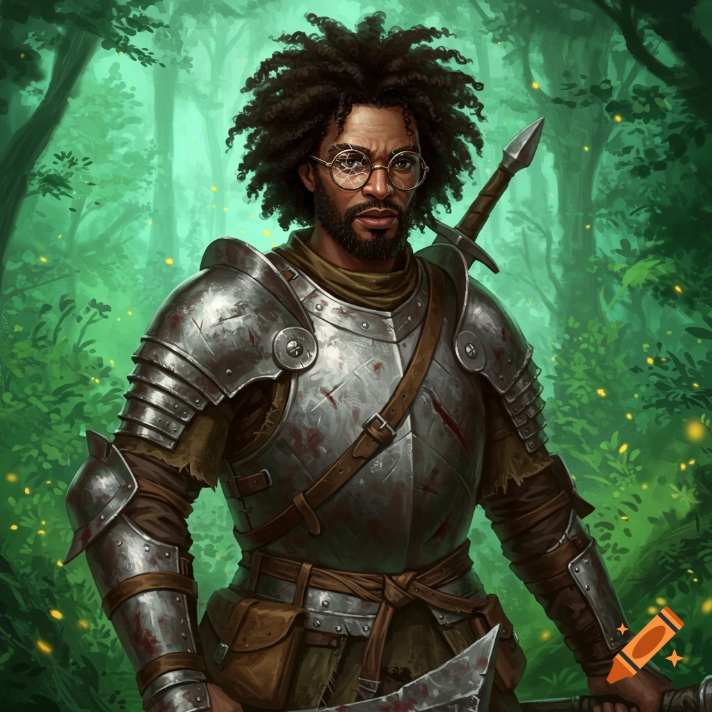 A DND style black male warrior with curly hair and beard, wearing glasses and battered armor, holding a large weapon in a green forest.