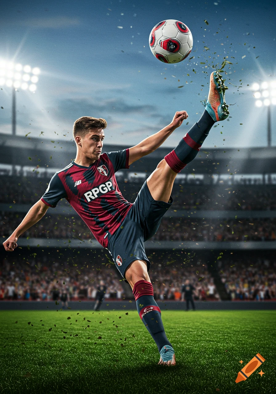 A male soccer player in a red and blue uniform kicks a soccer ball high in a brightly lit stadium, with grass flying.