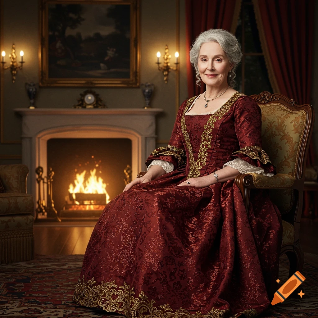 Photorealistic portrait of an elegant elderly woman with gray hair, smiling in a rich red historical gown, sitting by a fireplace.
