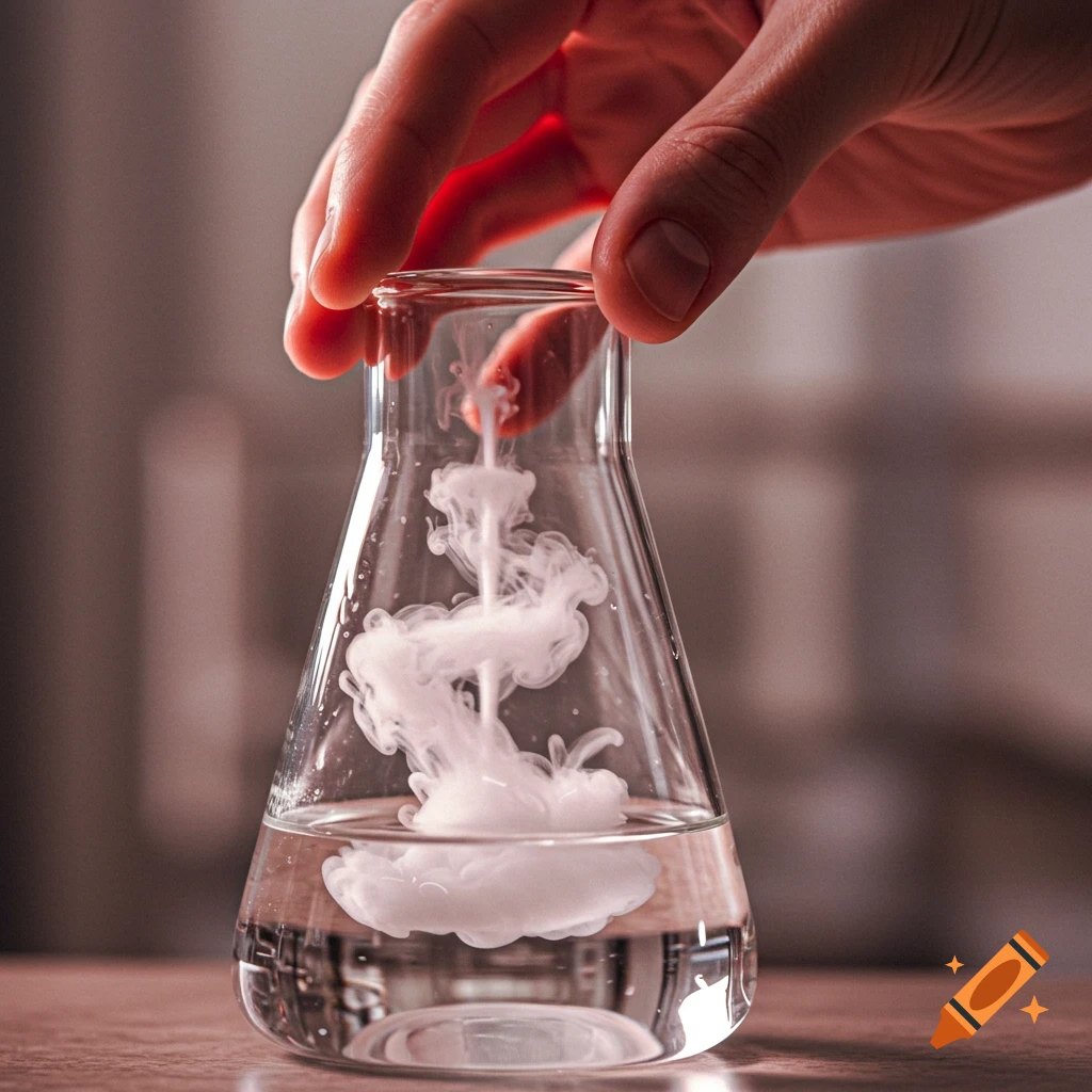 A hand holds a glass beaker where a white substance swirls and diffuses into clear water. Photorealistic.