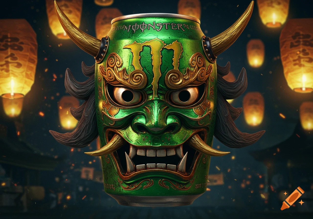 A green Monster energy drink can shaped like a golden-horned Japanese demon mask, set against a dark background with glowing lanterns.