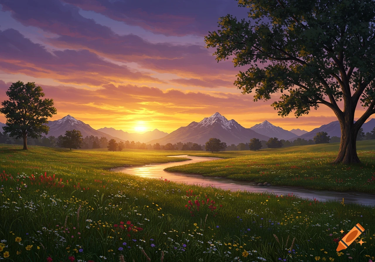A vibrant landscape with a winding river through a wildflower meadow towards snow-capped mountains at sunset.