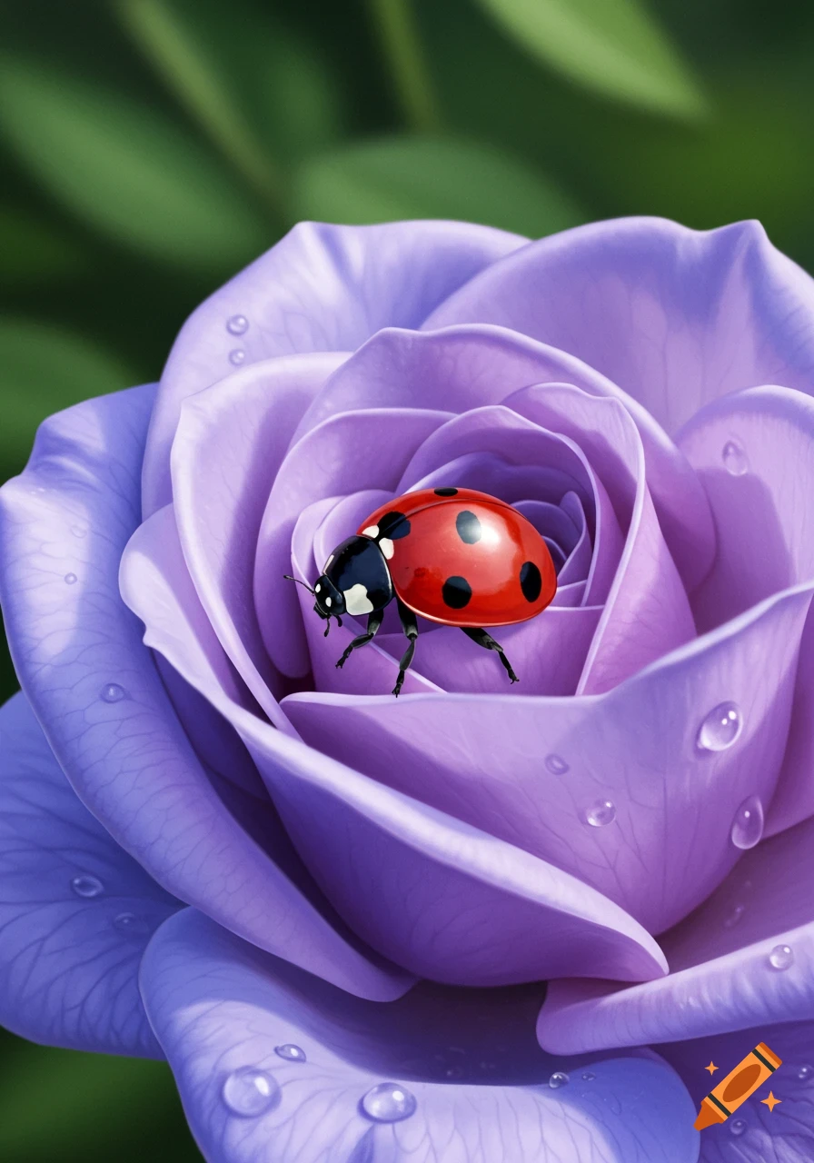 A red ladybug with black spots rests on the vibrant purple petals of a rose with water droplets, against a soft green background.