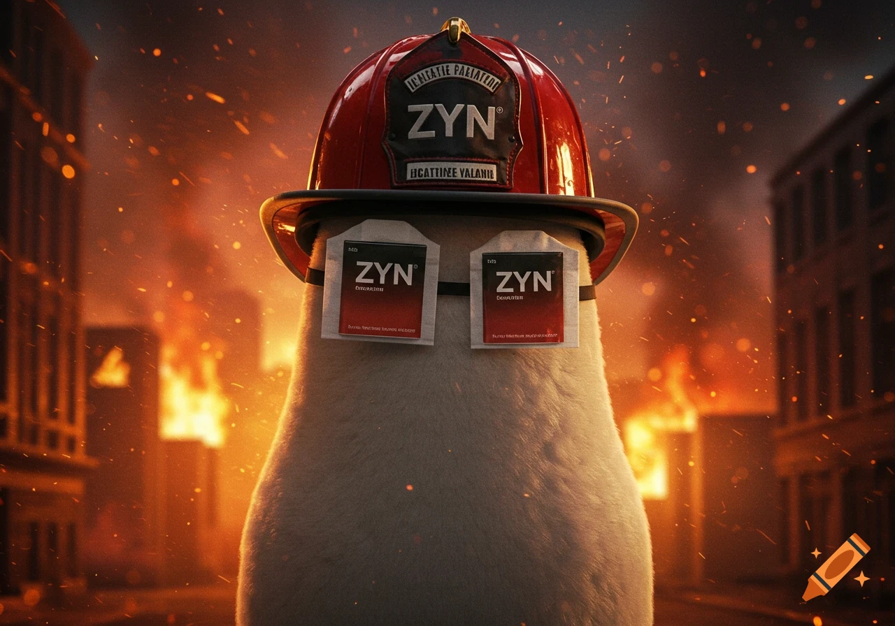 A fuzzy, white, blob-like creature wears a red firefighter helmet and has ZYN nicotine pouches taped over its eyes, standing in a burning city with explosions and sparks in a photorealistic style.