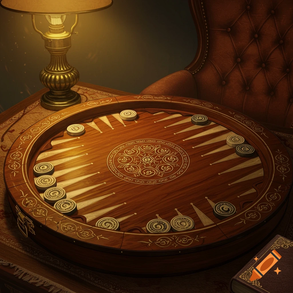 A detailed vintage circular backgammon board with checkers sits on a table next to a glowing lamp, a leather armchair, and a book.
