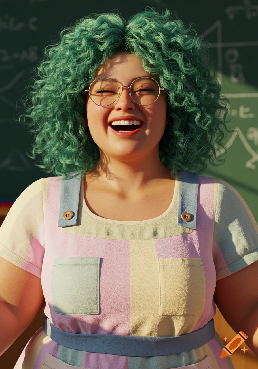 A realistic portrait of a cheerful chubby woman teacher with green curly hair and glasses, laughing in a colorful dress in front of a chalkboard.
