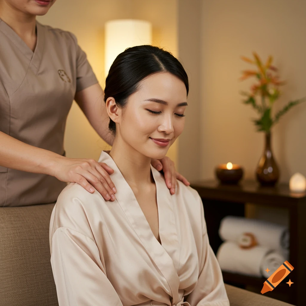 An Asian woman with closed eyes in a robe receives a shoulder massage in a serene spa setting.