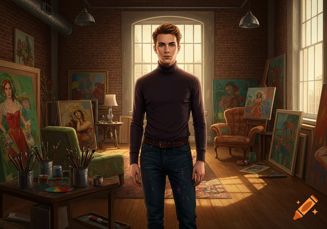 A photorealistic portrait of a young man in a turtleneck standing in a sunlit artist's studio filled with paintings and art supplies.
