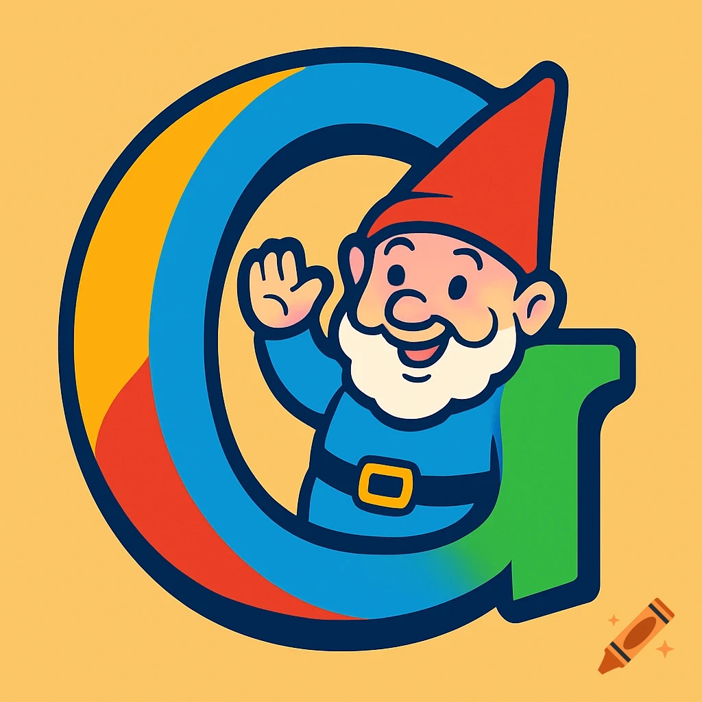 A cartoon garden gnome with a red hat and white beard waves, popping out of a large, colorful letter G.