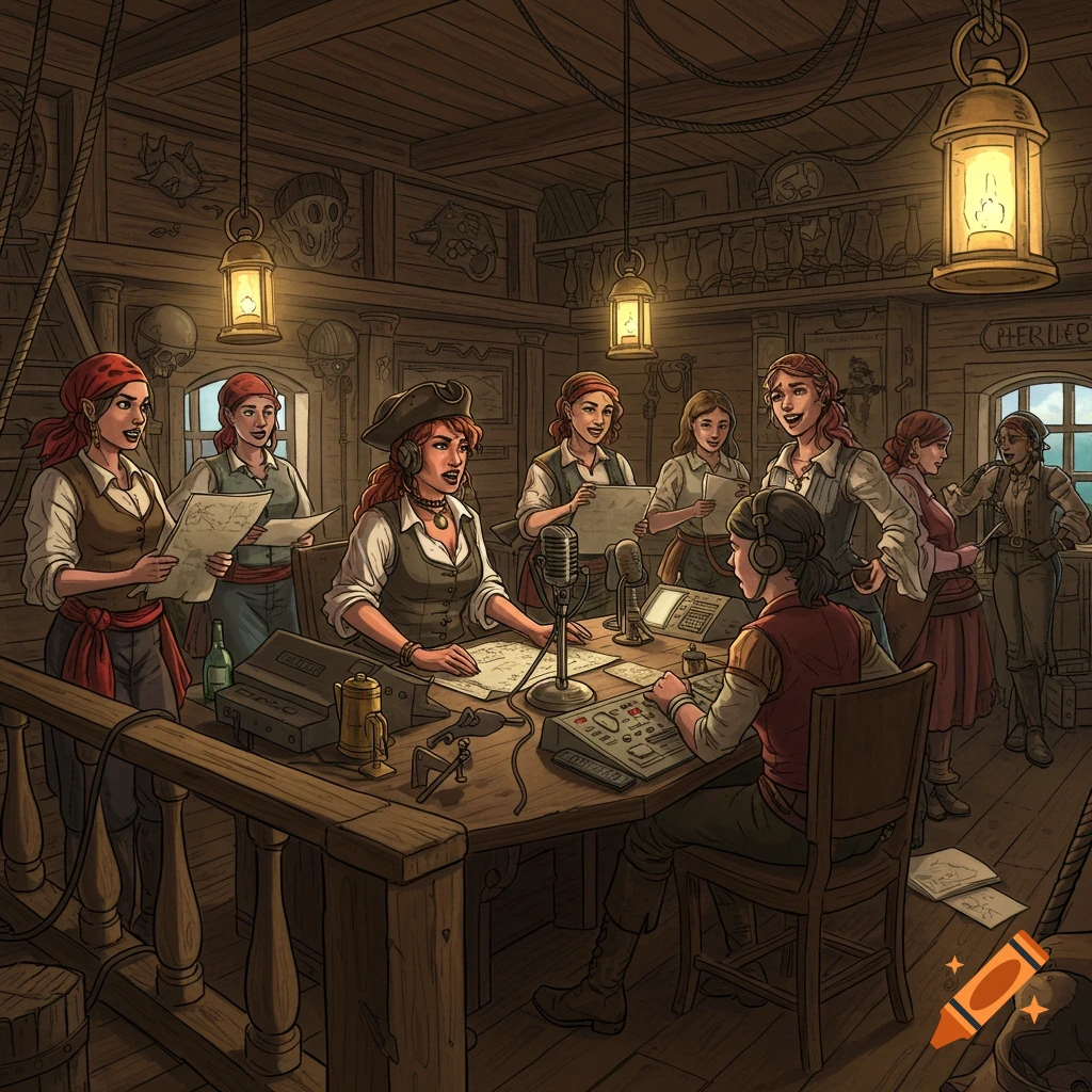 An illustration of several women dressed as pirates operating a radio studio inside a pirate ship.