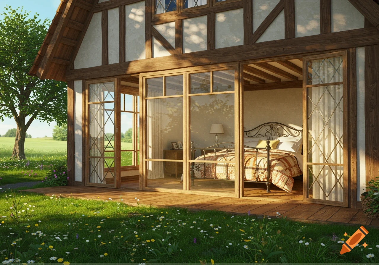 Photorealistic depiction of a cozy bedroom in a half-timbered house, seen from a grassy field with wild flowers.