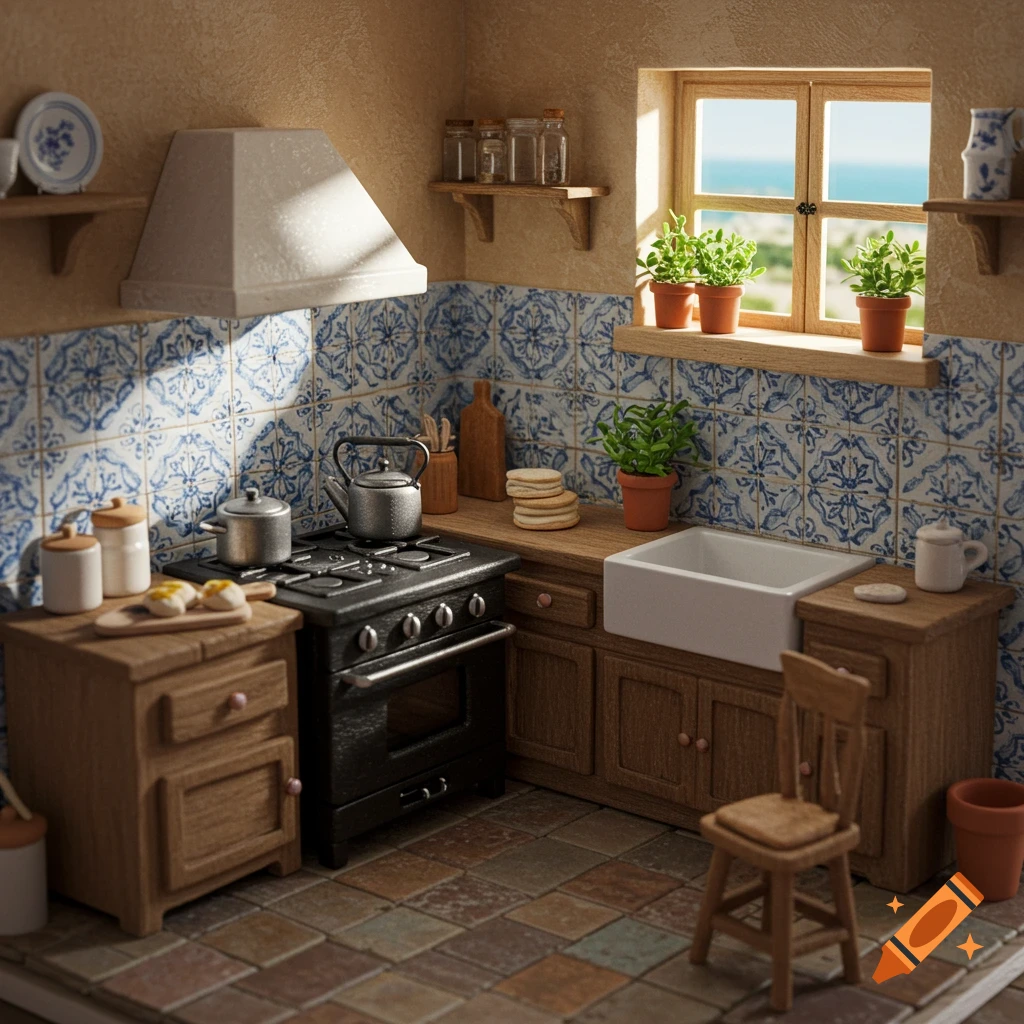 A charming, sunlit miniature dollhouse kitchen with blue and white tiled walls, a black stove, wooden furniture, and potted plants.