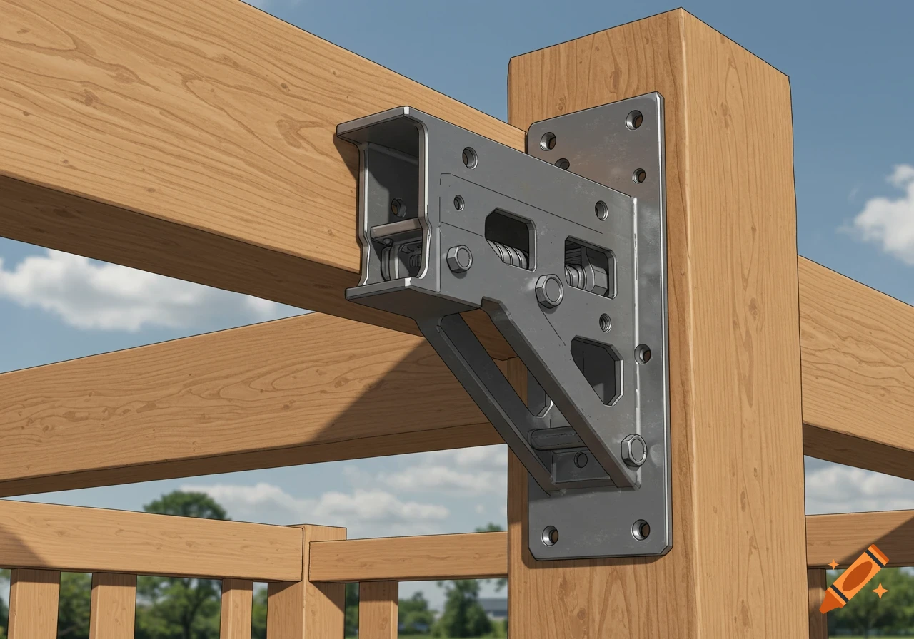 Close-up of a silver metal adjustable bracket bolted to a wooden post, supporting a horizontal wooden beam under a cloudy sky.