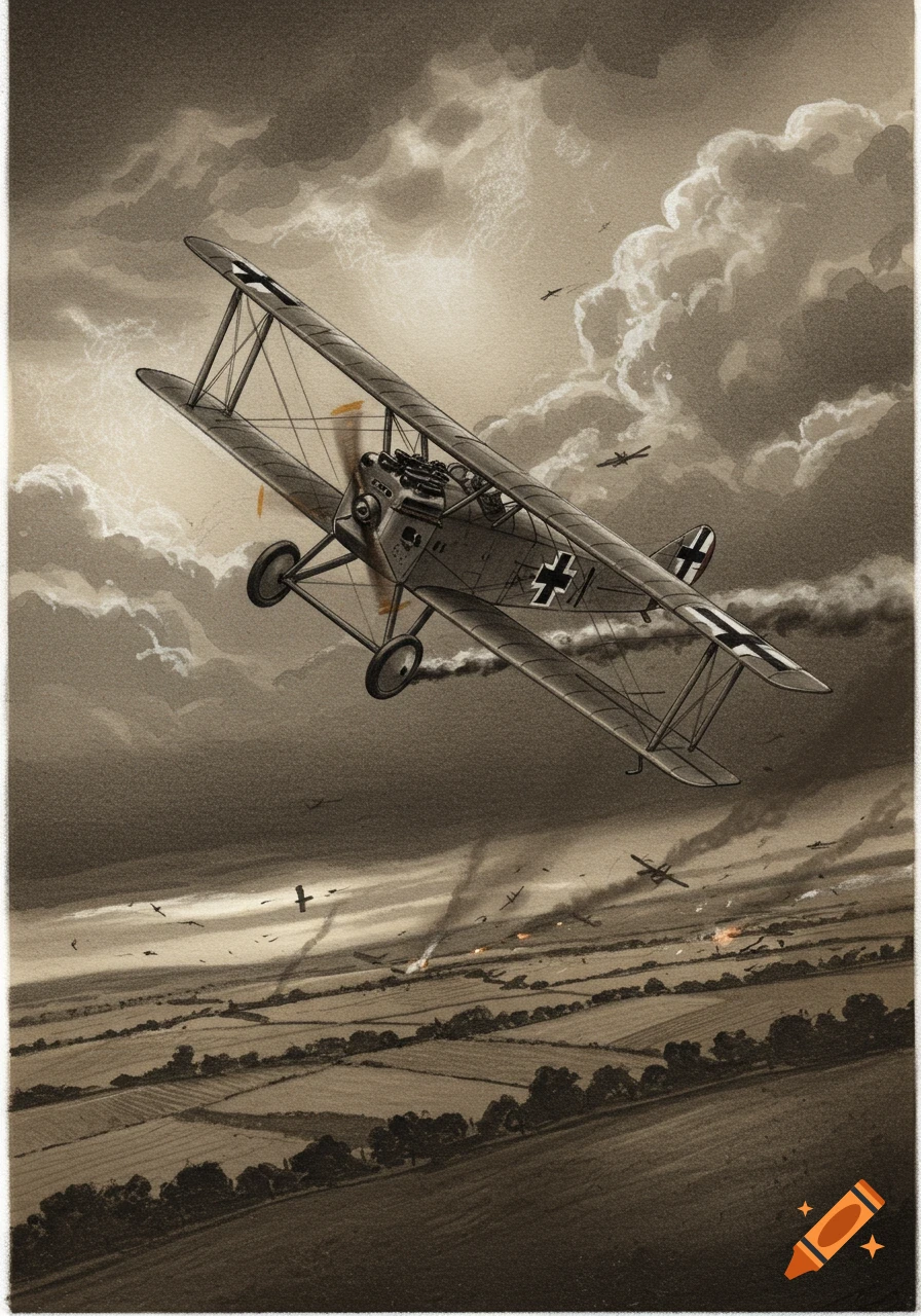 Sepia-toned illustration of a World War 1 biplane flying in a cloudy sky over a battlefield with explosions.