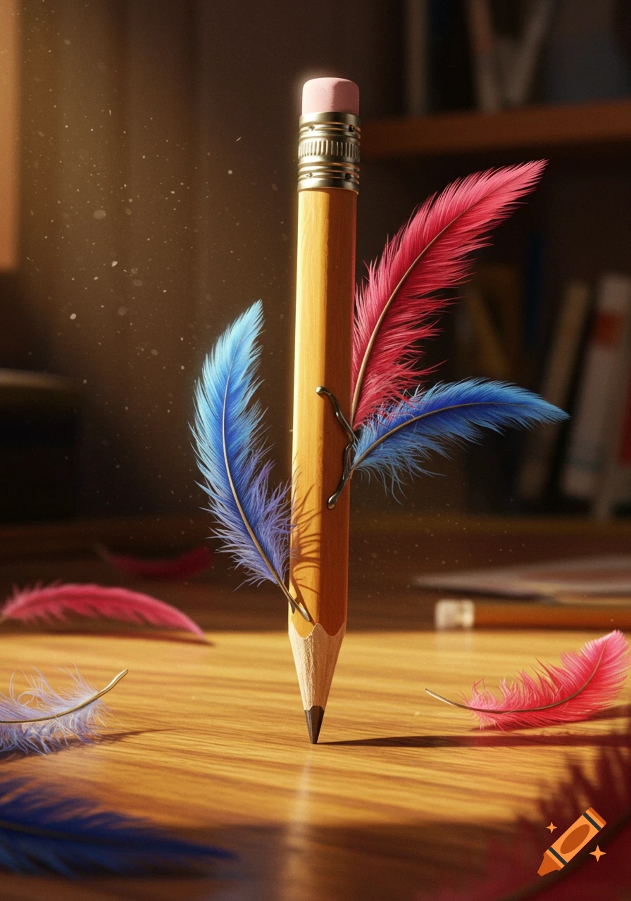 A large wooden pencil stands on a desk with vibrant red and blue feathers attached and scattered around, bathed in warm sunlight.