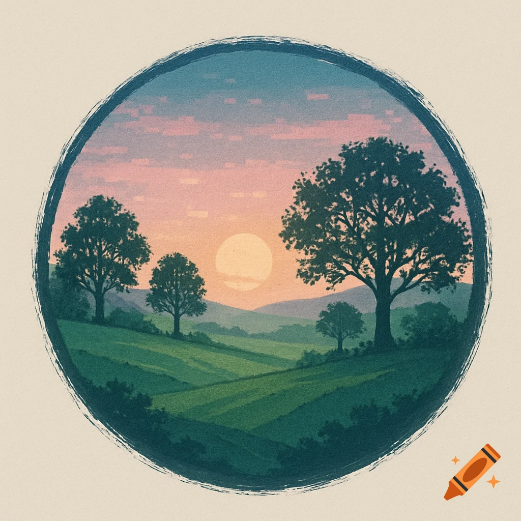A stylized illustration of a sunset over rolling green hills with silhouetted trees, contained within a circular frame with a brushed border.